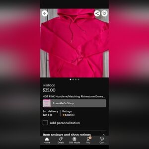 Hot pink Hoodie Rhinestone Drawstring